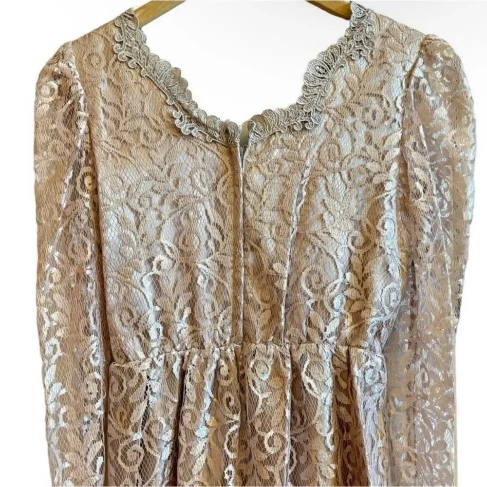Vintage JCPenney 10P Taupe Rose Gold Lace Maxi Dress Petite Long Sleeve DressUSA